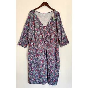 Lands End Floral Midi‎ Dress 3X Tencel V-Neck Blue Multicolor Casual Ruched Soft